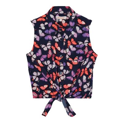 Girls' navy butterfly print self-tie front top